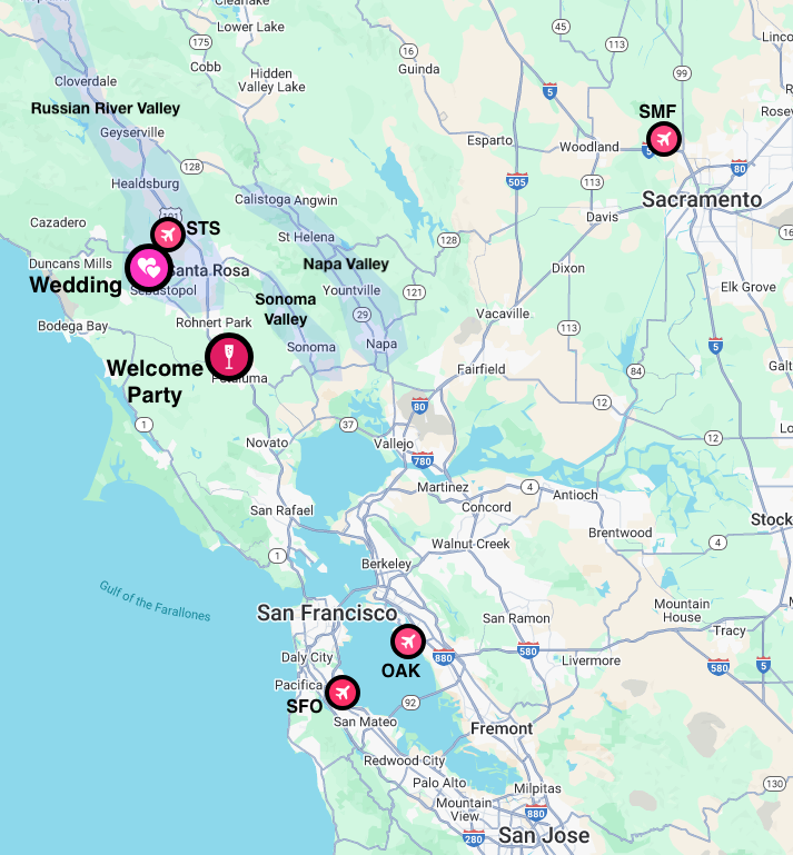 Wedding venues and airport locations map